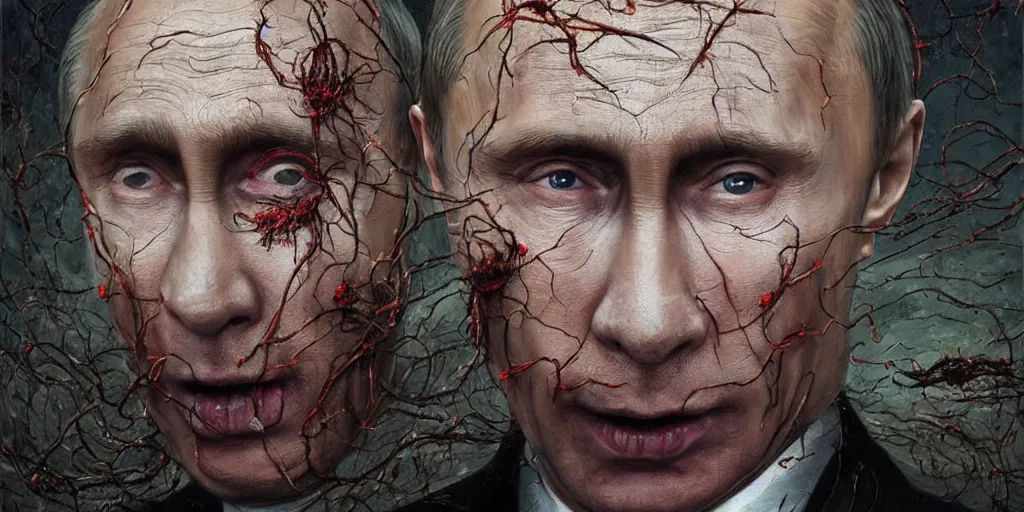 Image similar to highly detailed surreal portrait of vladimir putin's face is eaten by worms, in the background an army of zombies with their mouths sewn shut with wire in the shape of the letter z, style of greg rutkowski and ralph horsley, photorealistic, hyperdetailed, matt painting, digital art, non blurry, sharp, artstation, concept art, smooth, illustration