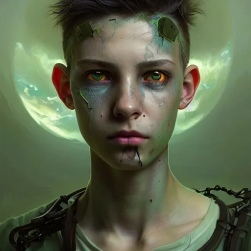 Prompt: portrait painting of a post - apocalyptic green haloed bald androgynous teenager with white eyes, ultra realistic, concept art, intricate details, eerie, highly detailed, photorealistic, octane render, 8 k, unreal engine. art by artgerm and greg rutkowski and charlie bowater and magali villeneuve and alphonse mucha