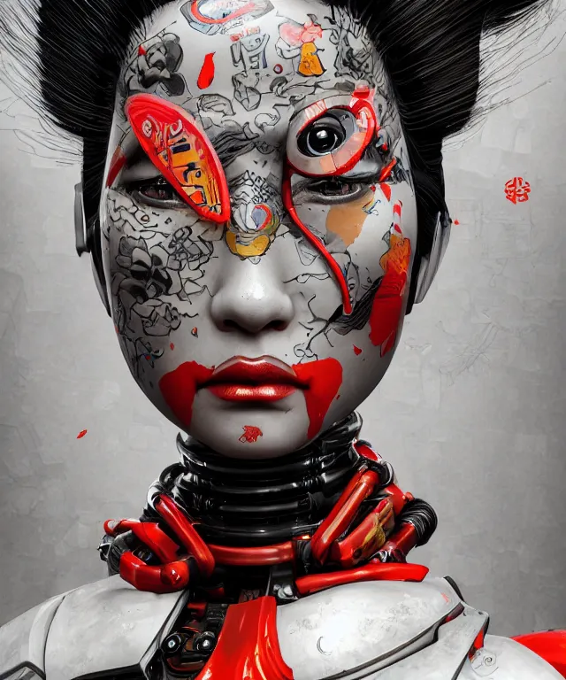 Image similar to an epic fantastic realism comic book style portrait painting of a japanese robotic geisha with kanji tattoos and decals, apex legends, octane render, intricate detail, 4 k hd, unreal engine 5, ex machina, irobot