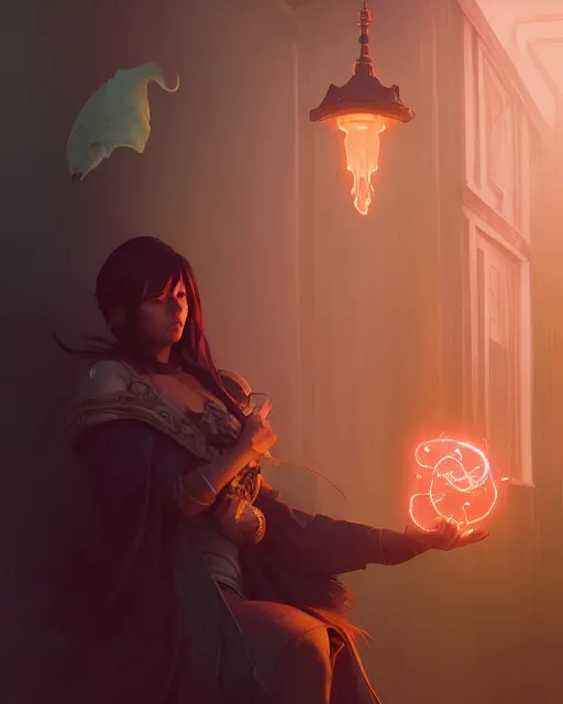 Image similar to highly detailed vfx portrait of a mage casting magic, unreal engine, greg rutkowski, loish, rhads, beeple, makoto shinkai and lois van baarle, ilya kuvshinov, rossdraws, tom bagshaw, alphonse mucha, global illumination, detailed and intricate environment