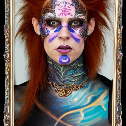 Prompt: an award finning closeup facial portrait by luis rogyo and john howe of a bohemian female cyberpunk traveller clothed in excessively fashionable 8 0 s haute couture fashion and wearing ornate art nouveau body paint