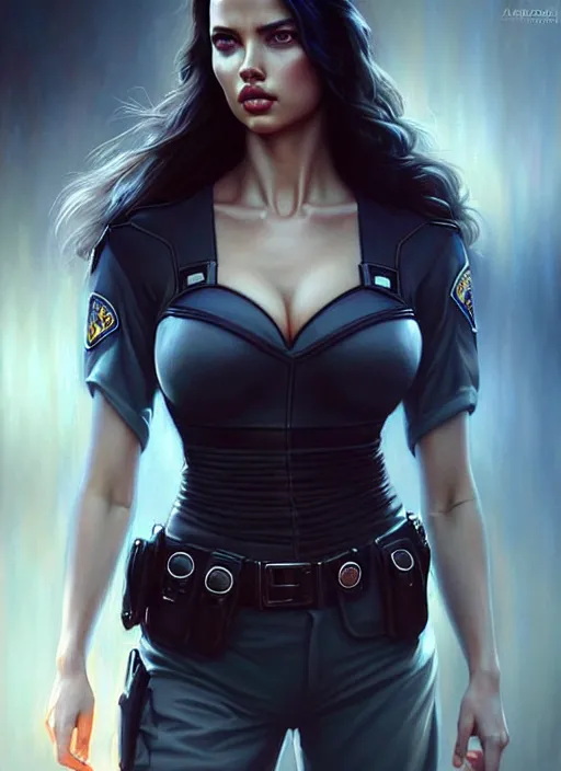 Prompt: a beautiful woman with police uniform, adriana lima, painted by artgerm and tom bagshaw, fantasy art, dramatic lighting, highly detailed oil painting