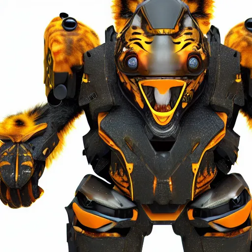 Prompt: humanoid with tiger-like features in futuristic space armor with force fields, yellow eyes, teeth that protrude past the lower lip and fine grayish fur on their faces and backs of their hands and carrying weapons, octane,