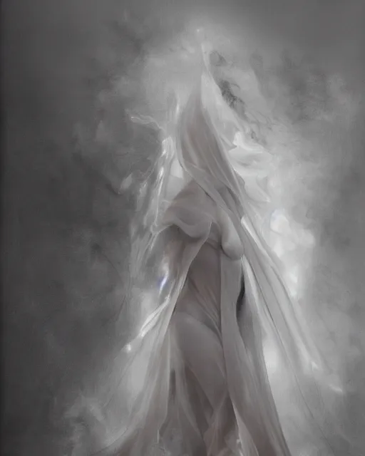 Prompt: professional concept art ethereal ghostlike valkyrie figure fluid simulation in houdini dancing in dark smoke robes and silk veils by ilm, paolo roversi, nick knight, amy judd, beautiful simplified form in turbulent movement, dark studio background, turner, romantic, trending on artstation, hyperrealism, matte painting, dutch golden age, fine detail, cgsociety