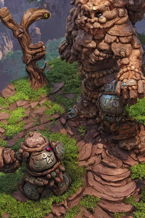 Image similar to zelda fantasy art giant golem troll wood rock greeble gemstone, global illumination ray tracing hdr fanart arstation by sung choi and eric pfeiffer and gabriel garza and casper konefal