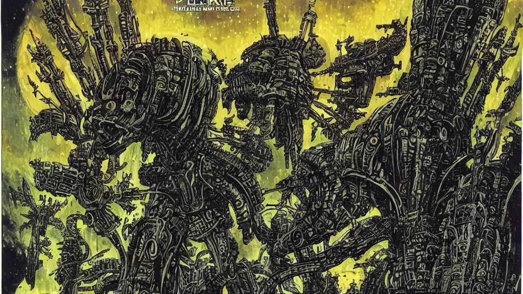 Prompt: alien empire by Philippe Druillet and Richard M Powers