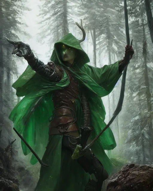 Image similar to oil painting of Anthropomorphized Moose casting spell, wearing green cloak, wearing war paint, sharp focus, fantasy style, octane render, volumetric lighting, 8k high definition, by greg rutkowski, highly detailed, trending on art Station, magic the gathering artwork, magical forest backround, centered