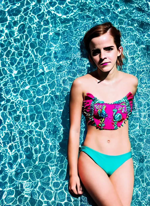 Image similar to Emma Watson for Victorian Secret, perfect face, hot summertime hippie, psychedelic swimsuit, lies,, pool, cloudy day, full length shot, shooting angle from below, XF IQ4, 50mm, f/1.4, ISO 100, 1/250s, natural light, Adobe Photoshop, Adobe Lightroom, DxO Photolab, Corel PaintShop Pro, rule of thirds, symmetrical balance, Sense of Depth