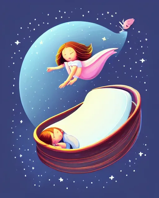 Prompt: beautiful painting of little girl sleeping on her flying bed, art by petros afshar, sky night, illustration, highly detailed, simple, smooth and clean vector curves, no jagged lines, vector art, smooth, artstation