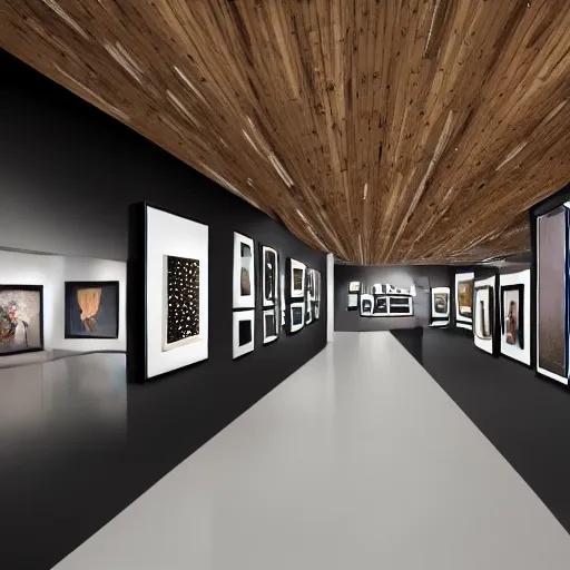 Image similar to An AI art gallery store. black walls. timber floor. high ceilings with spots. large windows with natural light. modern wood furniture. beautiful display for canvas, posters, plants on pots and on the walls, large digital screens with videos on the walls, Architectural photography. 14mm. High Res 8K. award winning architectural design, Minimalist, Design, very artistic, High tech, warm and happy, inviting