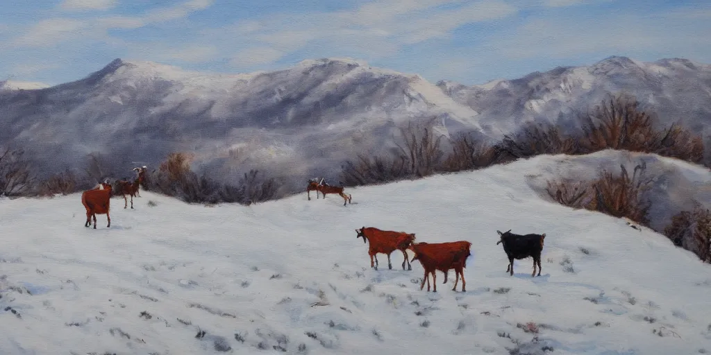 Prompt: winter painting of goats grazing in craggy highlands