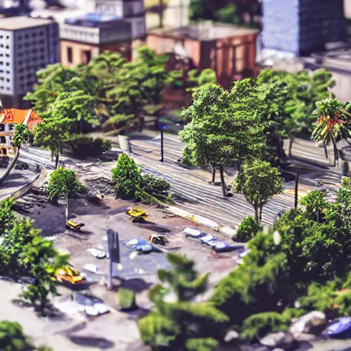 Prompt: a detailed photo of a diorama city, macro photography, zoom, model trees, table, studio lighting