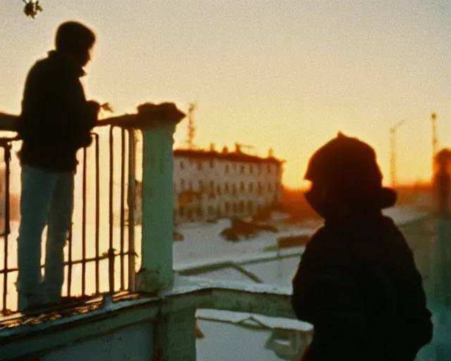 Image similar to lomo photo of pair standing on small hrushevka balcony full with cigarette smoke in small russian town looking at sunset, cinestill, bokeh