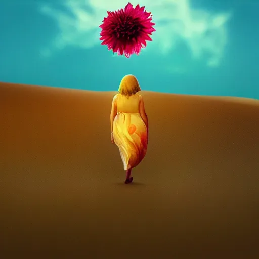 Image similar to closeup giant dahlia flower under face, a girl walking between dunes, surreal photography, sunrise, blue sky, dramatic light, impressionist painting, digital painting, artstation, simon stalenhag