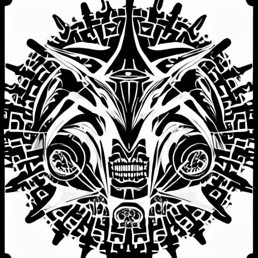 Image similar to a circular vector tattoo design in a spiky tribal style, and in the style of h. r. giger.