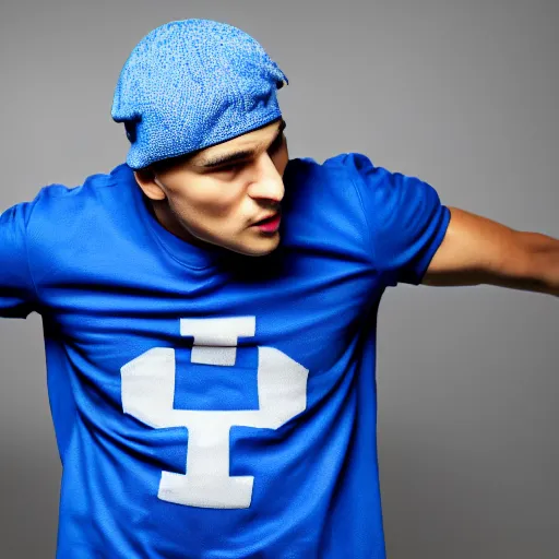 Image similar to heroic pose of an athletic man wearing a blue cap with a P on it