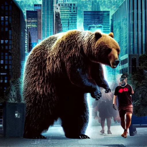 Prompt: ! dream a giant angry bear vs. godzilla in the city, photomanipulation, photoshop, digital art