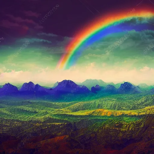 Image similar to fantasy world zoomed out mountains silhouette in the dark rainbow sky, 8 k, hd