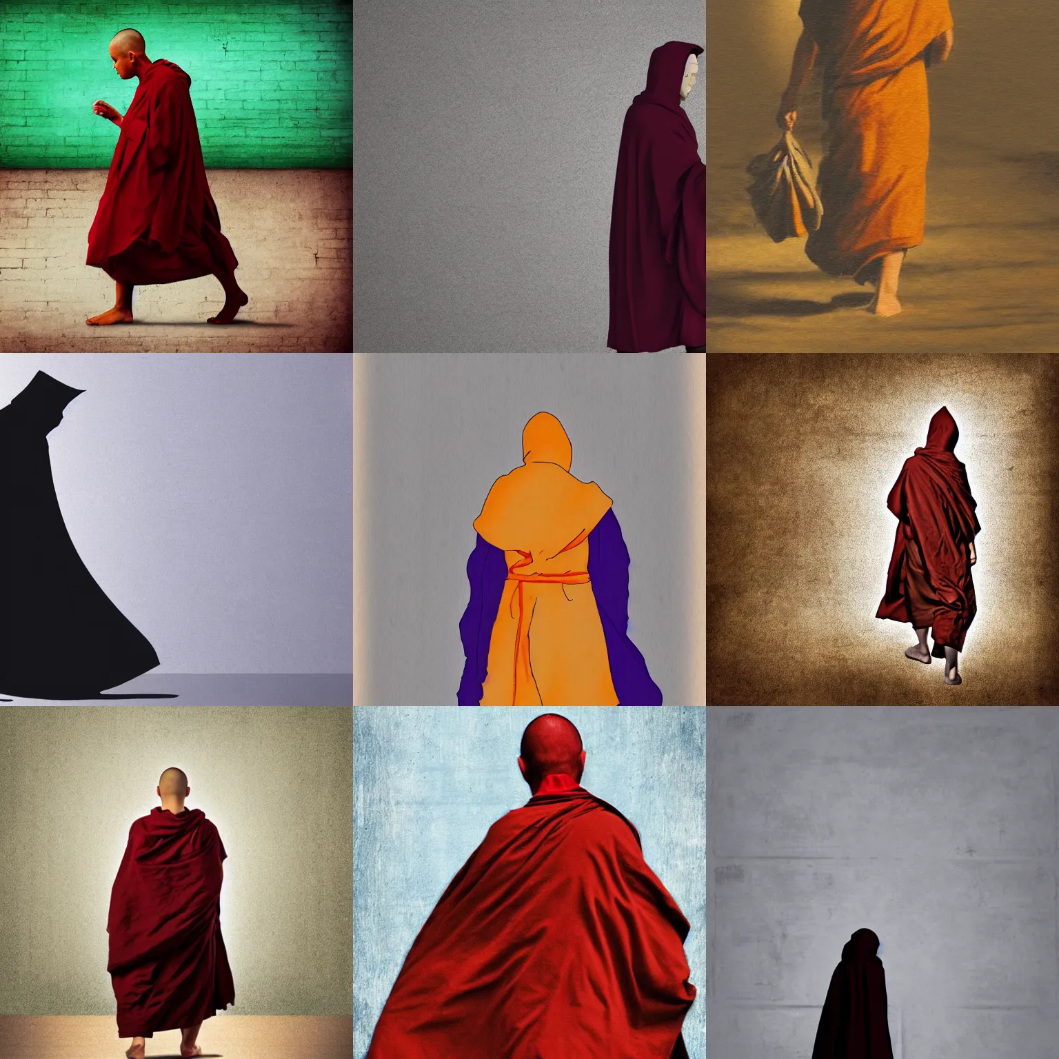 Prompt: a monk cloaked and hooded walking away. Artwork, plain background