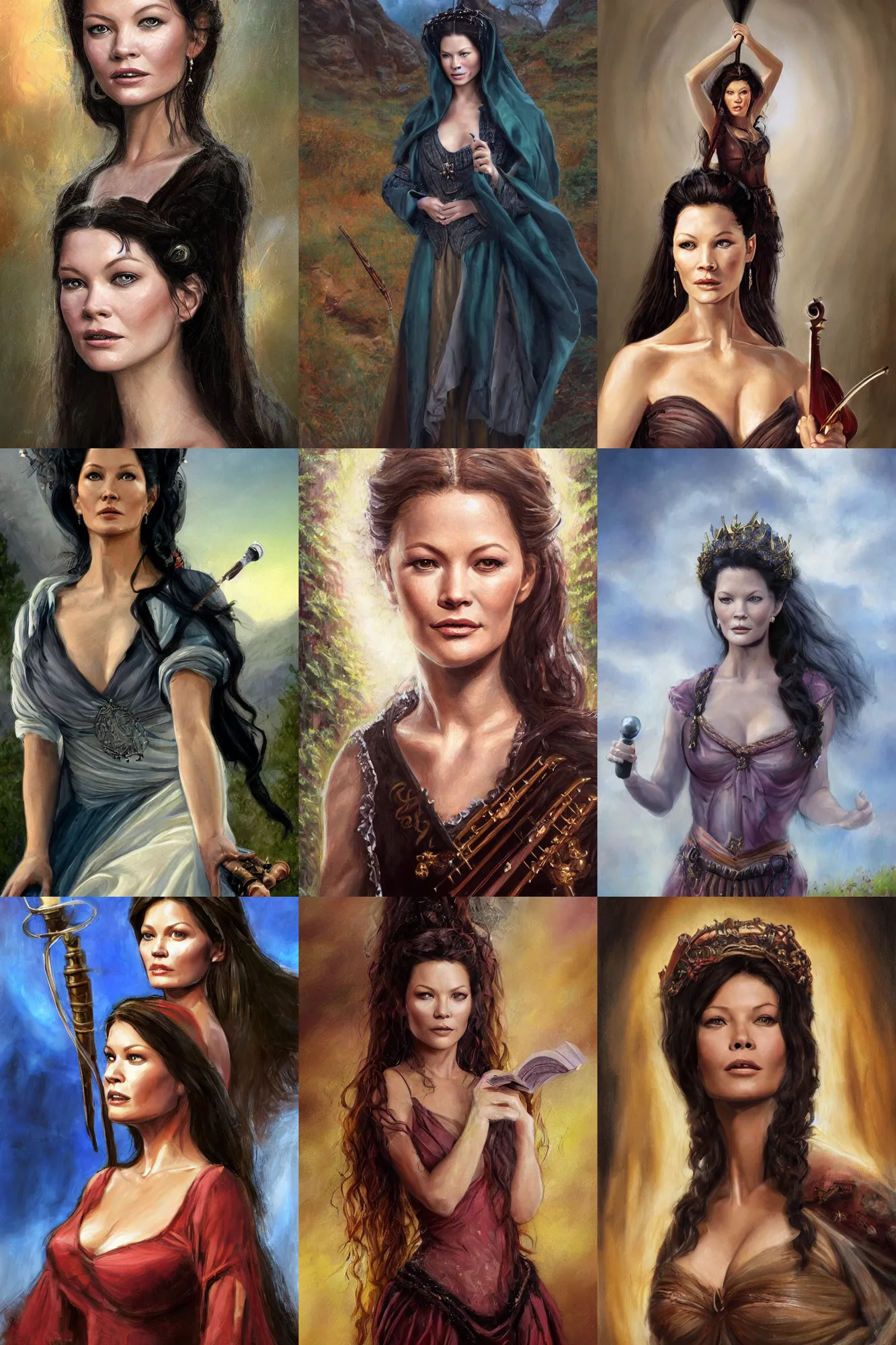 Image similar to a full body high detail fantasy portrait oil painting illustration of young catherine zeta - jones as a beautiful sophisticated singing bard woman by justin sweet with face and body clearly visible, in a scenic background, pupils visible, realistic proportions, d & d, rpg, forgotten realms, artstation trending, high quality, sombre mood, artstation trending, muted colours, entire person visible!