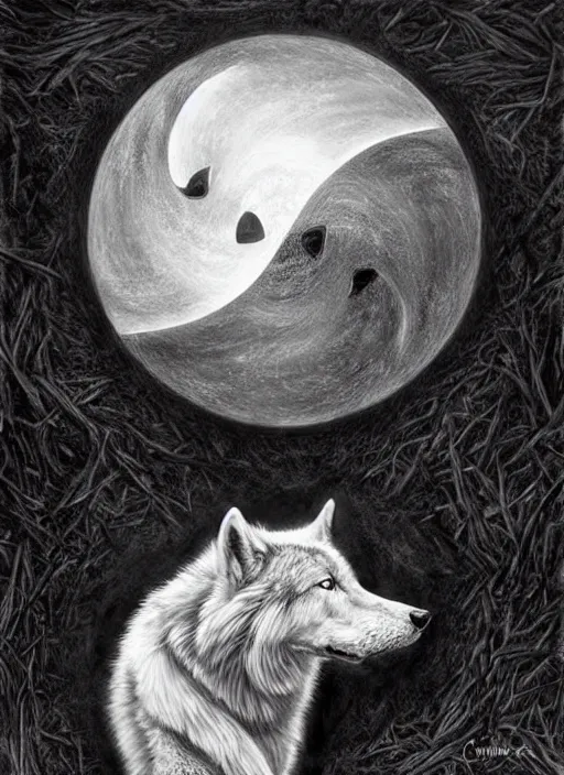 Image similar to a realistic black and white wolf in a yin yang symbol fantasy art, art by collin bogle