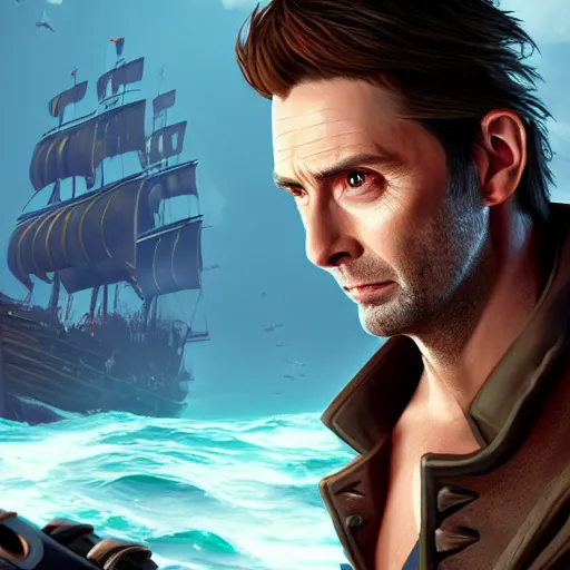 Prompt: david Tennant in the Sea of thieves, ultra detailed, sharp focus, art by artgerm, 8k, game screenshot, hyperrealistic