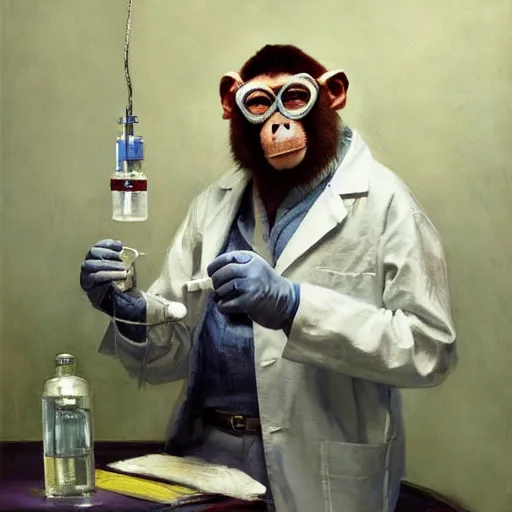 Image similar to portrait of a monkey doctor working in a chemical lab, artwork by gaston bussiere, craig mullins, trending on artstation, monkey dressed as a scientist, using googles and wearing a doctor coat