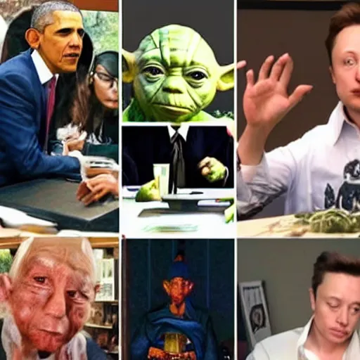 Prompt: peoples around a table, obama, yoda, elon musk, mia khalifa, skyrim