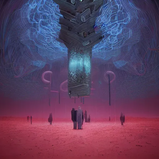 Image similar to lovecraftian group portrait of the psychosocial dark confrery cult, summoning terrible odds, highly detailled, layered networks of virtual data, by roger deakins, by beeple, by artgerm, by beksinski, by francis bacon, ultrarealism, 4 k, masterpiece