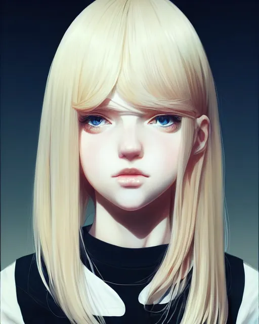 Prompt: really cool up close portrait of a beautiful blonde english emo girl in tshirt, by saruei and guweiz and ilya kuvshinov and rockwell and warhol and range murata!!, magic art, sleek curves, intricate sharp focus, trending on artstation hq, deviantart, pinterest, unreal engine 5, 4 k uhd image