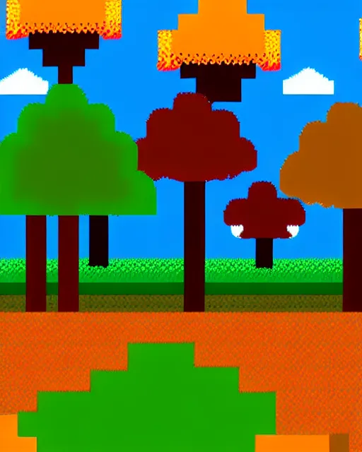 Image similar to 8 bit indie arcade game scene, blue sky with clouds, 2 8 different autumn trees with colored leaves, leaf fall.. details of the game trees, earth, clouds, sky background