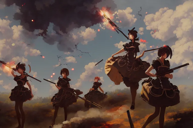 Image similar to baroque oil painting of anime key visual concept art of anime maids using artillery firing at enemy lines, smoke debris, grimdark steampunk fantasy, pleasant battlefield, trending on artstation, brush strokes, oil on canvas, style of makoto shinkai and greg rutkowski and studio ghibli