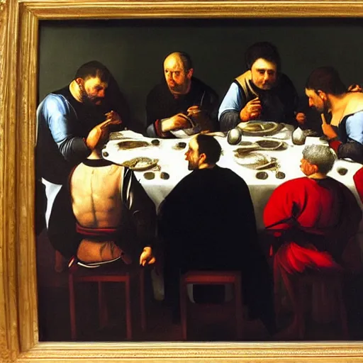 Image similar to painting of Leaders of the world having supper together, style of Caravaggio