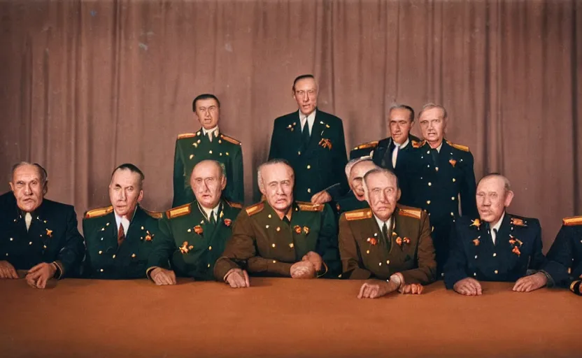 Image similar to 50s movie still close-up portrait of an elder soviet generals in a empty stalinist hall, by David Bailey, Cinestill 800t 50mm eastmancolor, heavy grainy picture, very detailed, high quality, 4k, HD criterion, precise texture and facial expression