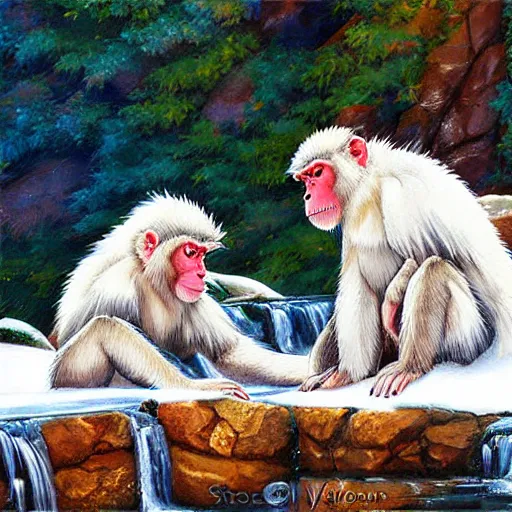 Image similar to snow monkeys at the mountain spa, digital art by Steve Henderson