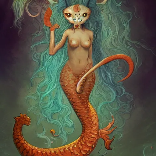 Prompt: cat seahorse mermaid shapeshifter, long-haired humanoid fursona by Peter Mohrbacher and Louis Wain, furaffinity, trending on artstation