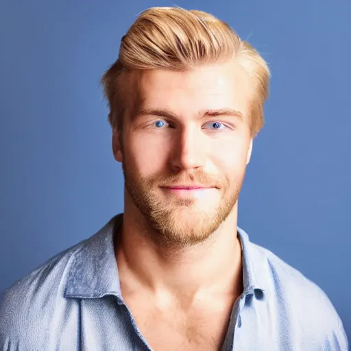 Prompt: the entire head and shoulders in a face forward picture of a handsome blonde man with blue eyes and a strong chin award winning photography 35mm realistic realism