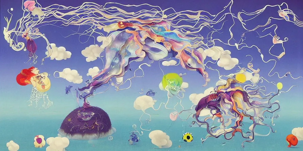 Prompt: !dream The Portuguese Man o' War Comes Down From The Mountain painting by Chiho Aoshima, Takashi Murakami, Yoshitomo Nara, Huang Yuxing and Aya Takano , Superflat art movement, chibi, soft pastel colors, very ethereal, soft glow, black box by Max Ernst The Scarlet Black Box, a rare and early work of Marth Rothko, omnious, sad, surrealism