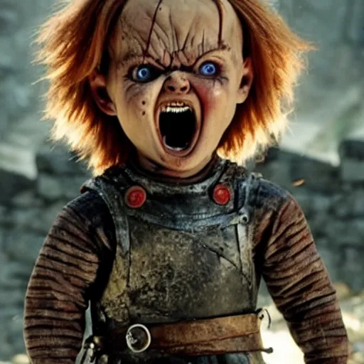 Prompt: chucky doll screaming while fighting the mountain in game of thrones