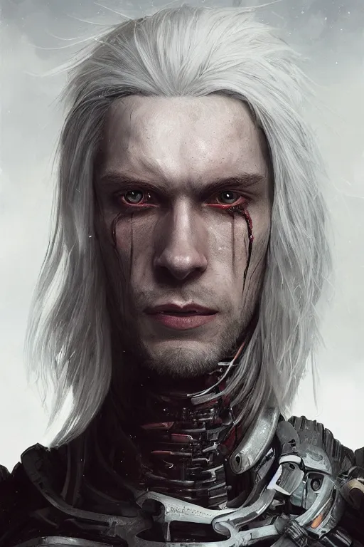 Prompt: a portrait of a toned male cyborg with long white hair and pale skin with joints still visible by greg rutkowski, sung choi, mitchell mohrhauser, maciej kuciara, johnson ting, maxim verehin, peter konig, bloodborne, 8 k photorealistic, cinematic lighting, hd, high details, dramatic, dark atmosphere, trending on artstation