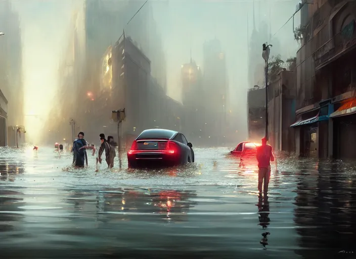 Image similar to cars driving through shallow water, flooded city, people walking through shallow water, muted colors, hyperrealistic, oil painting, intricate, cgsociety, artstation, 8 k, cinematic, soft lighting, by greg rutkowski, by wlop, by artgerm