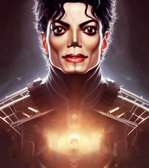 Image similar to symmetry portrait of michael jackson cyberborg ultra detailed, intricate, anime, dynamic lighting, digital art, digital painting, art station, wlop, sharp focus, illustration, art by artgerm and greg rutkowski and alphonse mucha