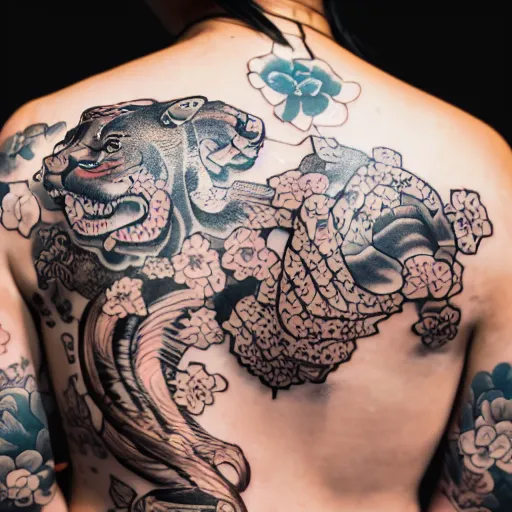 Image similar to photography of the back of a woman with an detailed irezumi tatto representing a tiger with flowers, mid-shot, editorial photography