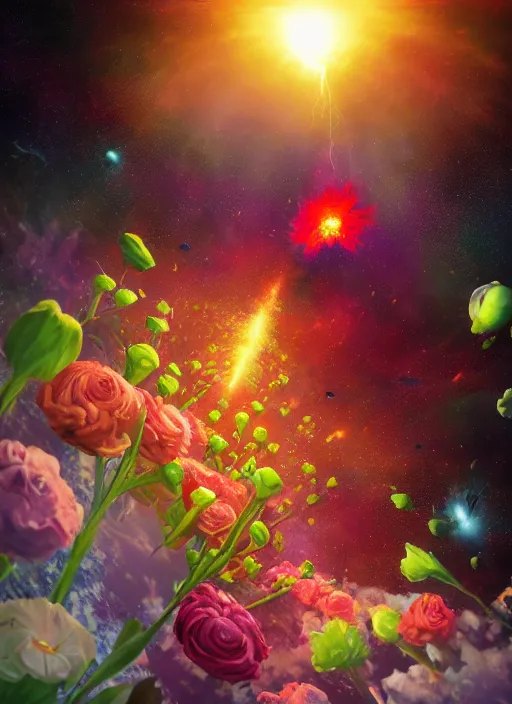 Image similar to An epic fantastic realism comic book style painting of the most beautiful flowers launched into space, bouquets and solar flares, fisheye lens, unreal 5, DAZ, hyperrealistic, octane render, dynamic lighting