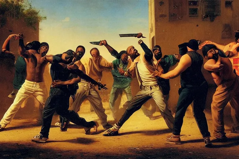 Prompt: five hip - hop rappers in a brawl with knifes and guns in a dark alley in the style of jean - leon gerome