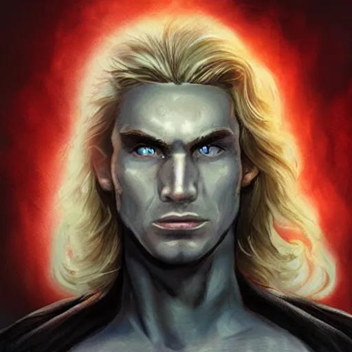 Prompt: A genetically engineered super soldier male with long blond curly hair and pale skin, glowing eyes, from the movie Firestarter, highly detailed, portait, character art by Fiona Staples.