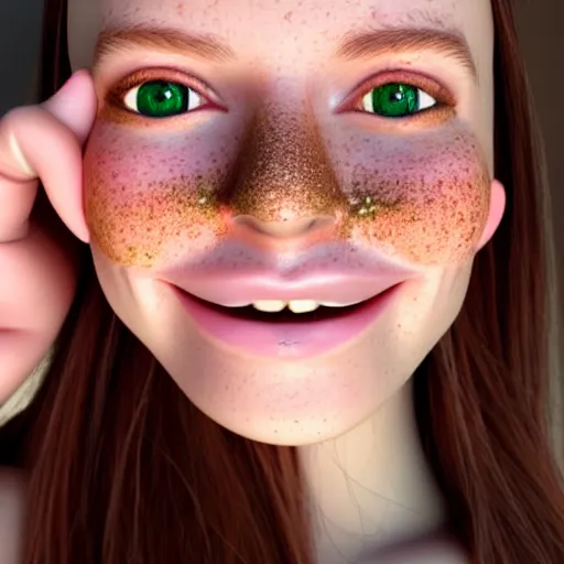 Prompt: beautiful hyperrealism selfie of a cute 3 d young woman smiling softly, long light bronze brown hair, cute freckles, flushed face, red blush, small heart - shaped face, soft features, emerald green eyes, golden hour, 8 k, sharp focus, instagram