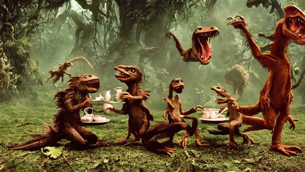 Prompt: A movie screenshot of Velociraptors (by Brian Froud) having tea with Alice in Wonderland, directed by Henry Selick and Tim Burton, claymation, cinematic, balanced composition, whimsical.