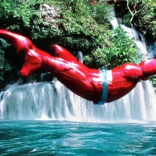 Image similar to a realistic photo of an ultraman swimming in a waterfall in the mountain