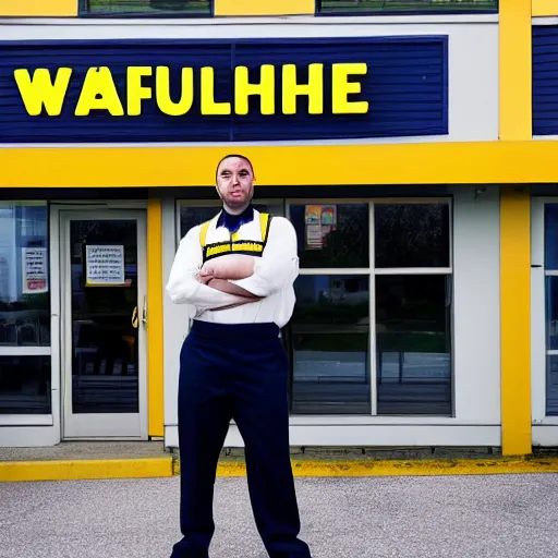 Image similar to wafflehouse employee's standing below wafflehouse sign, employees uniform is blue and black with yellow name tags